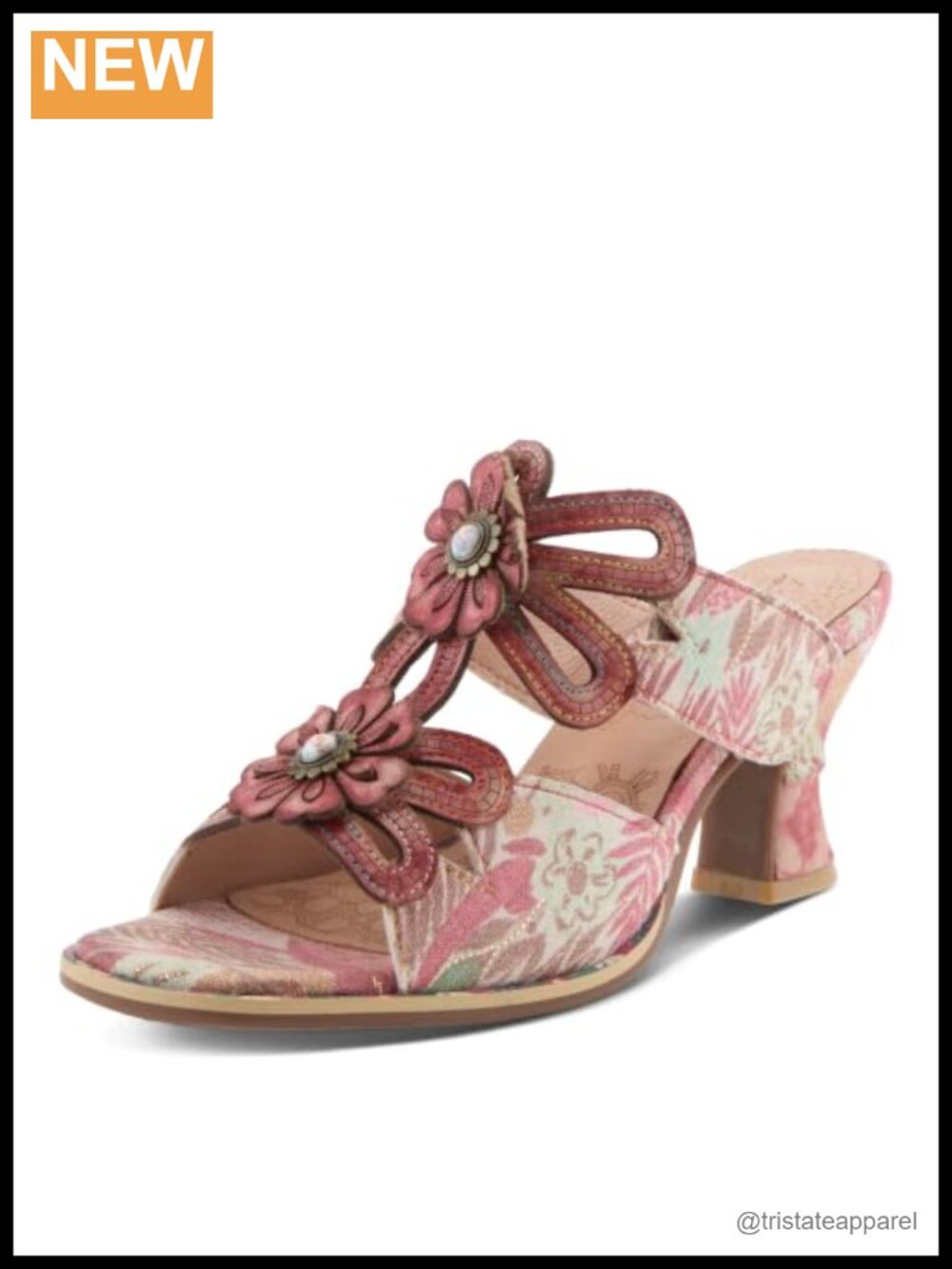 Hand-painted leather slide sandals, floral appliques, 3.25in heel